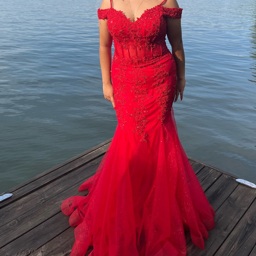 Red Beaded Corset Mermaid Style Dress|| Offers welcome!!